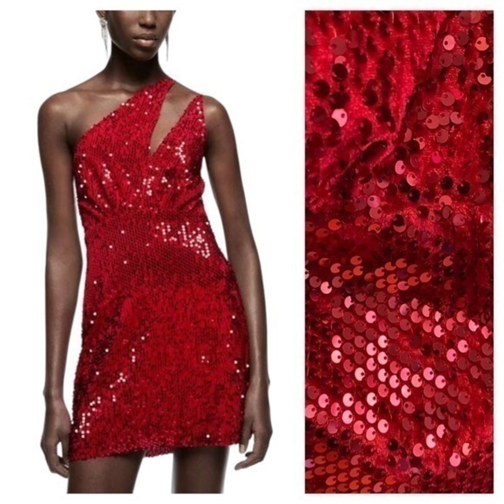 Zara Red Sequins Velvet Festive Days Sparkly One Shoulder Mini Dress XS